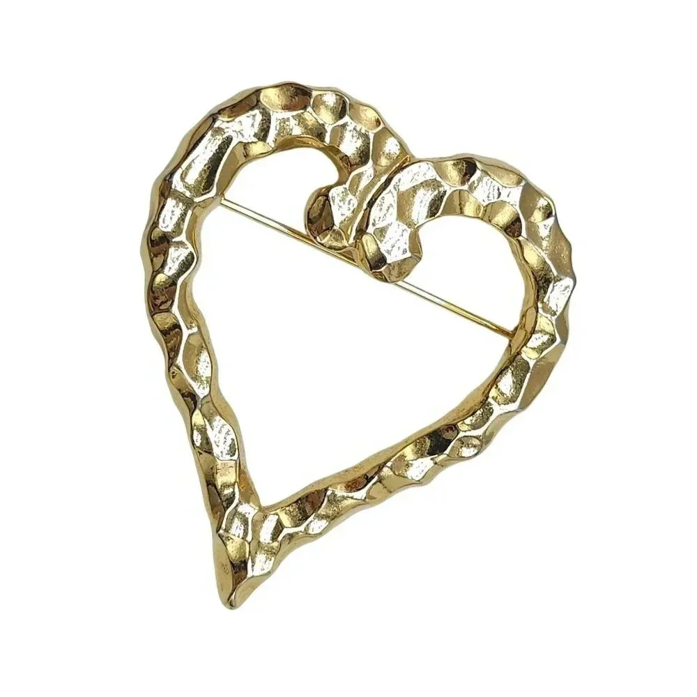 Large Hammered Heart Brooch Pin Gold Tone Vintage